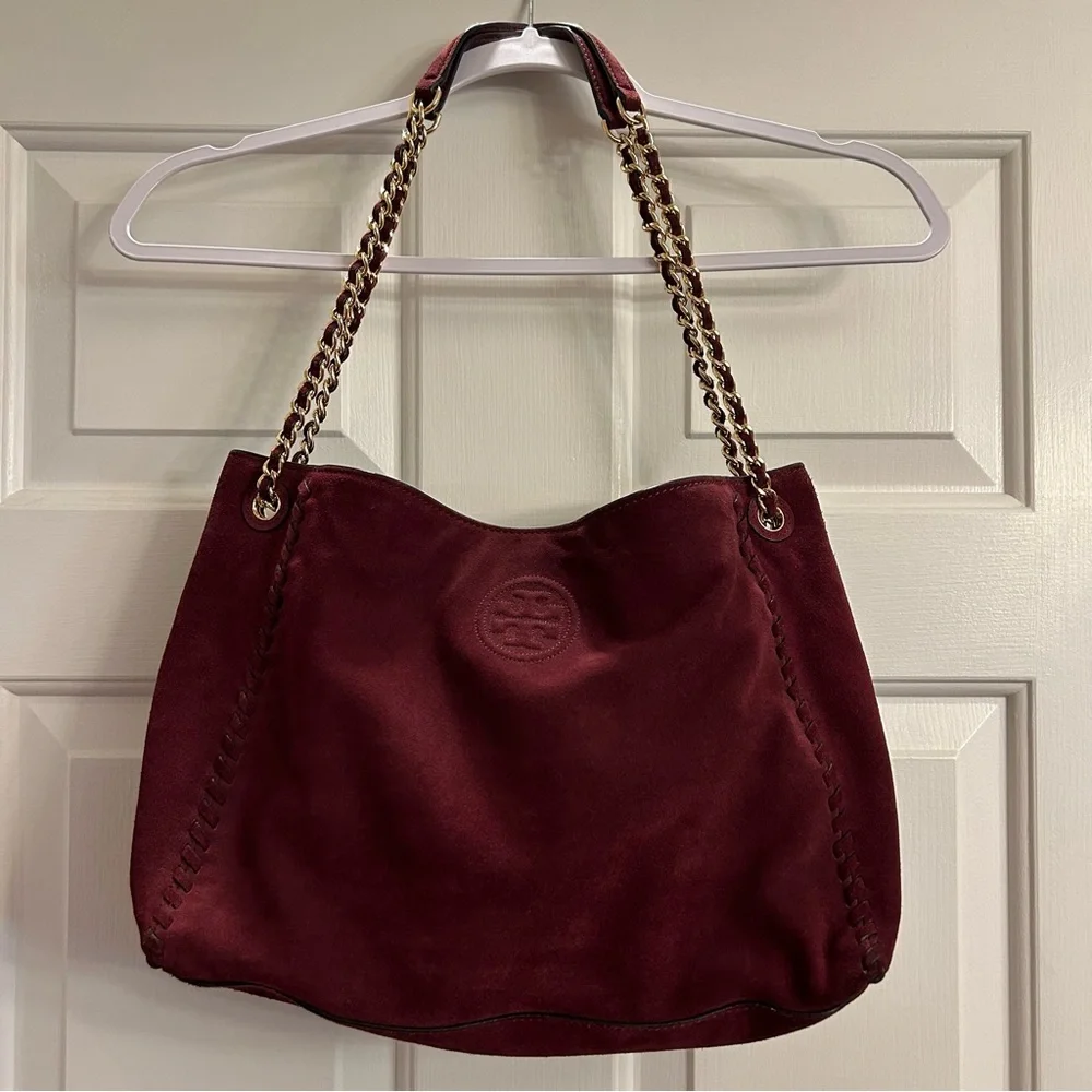 Tory Burch Burgundy Suede Chain-Handle Shoulder Bag